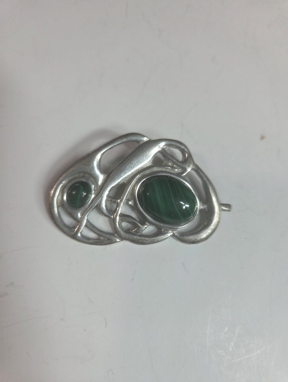 st justin pewter brooch abstract free form malachite cabochon stone green silver